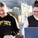 Students on laptops outdoors